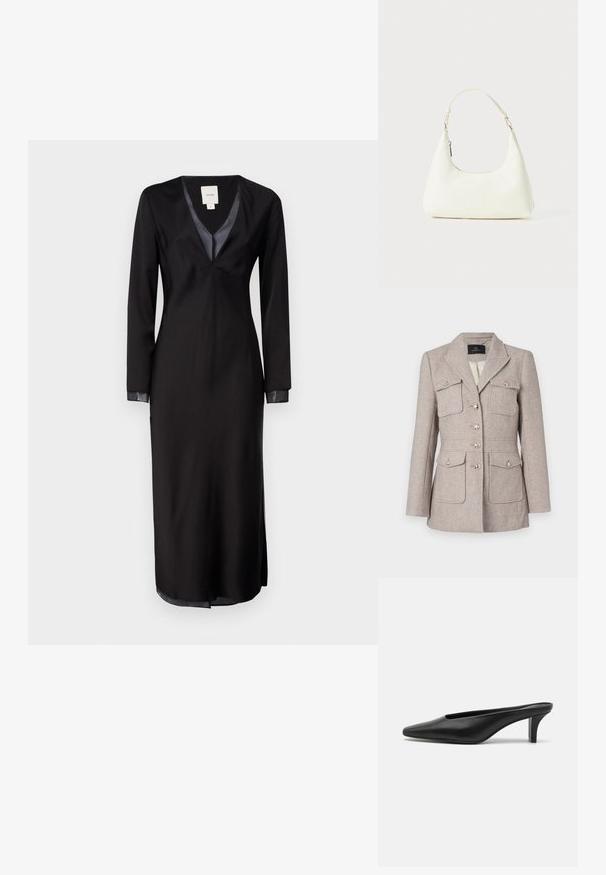 Heled beezh triibulise mustriga bleiser, millel on kohandatud lõige, sisaldab kahte rinna taskut, nööpude esiosa ja hõbedase tooni nööpe.; Must mustasärk, millel on sujuv kangas, sügava V-kaeluse, satiinist aktsentidega krae ja külgedel lõhikud liikumisvabaduse tagamiseks.; Mustadast mustad nahast teravatipulised mules madala stilletokontsaga. Sile tekstuur, minimalistlik disain ja avatud selg mugavaks selga panemiseks.; Väike valge õlakott, millel on üks reguleeritav rihm ja lukuga sulgemine, asetatuna ühtlasele valgele taustale.