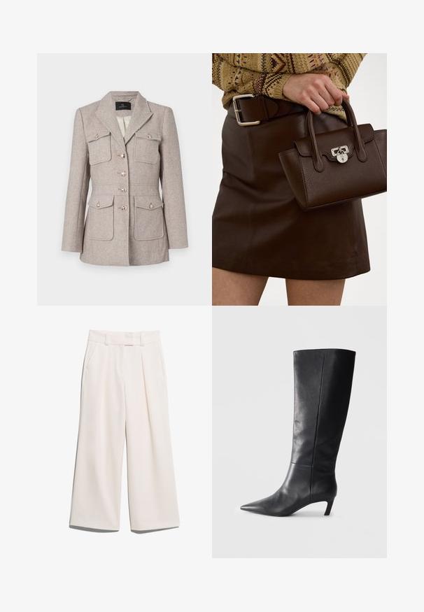 Blazer prydet med hounds tooth mønster i lys beige med en skræddersyet pasform, der har to brystlommer, knaplukning og sølvfarvede knapper.; Cremefarvet ribbet turtleneck trøje med lange ærmer og løs pasform. Den bløde tekstur og det sømløse design øger komforten.; Bredde bukser i en lys cremefarve, lavet af glat stof med to forlommer og synlige sømme på livbåndet.; Sort læder knæhøj støvle med spidse tå, struktureret design og en beskjeden hæl. Glat overflade, minimal syning.; Brun læderhåndtaske med en struktureret overflade og sølvhardware, holdt i hånden ved siden af en brun lædernederdel og en mønstret sweater.