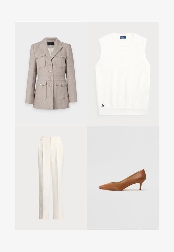 Blazer prydet med hounds tooth mønster i lys beige med en skræddersyet pasform, der har to brystlommer, knaplukning og sølvfarvede knapper.; Hvid ærmeløs sweater lavet af glat bomuld, med ribkant forneden og et lille marineblåt logo nederst til venstre. Simpelt design, ingen mønstre.; Polo Ralph Lauren HEMP WIDE LEG PANT - Bukser - nevis; Lauren Ralph Lauren ADRIENNE - Pumps - deep saddle tan