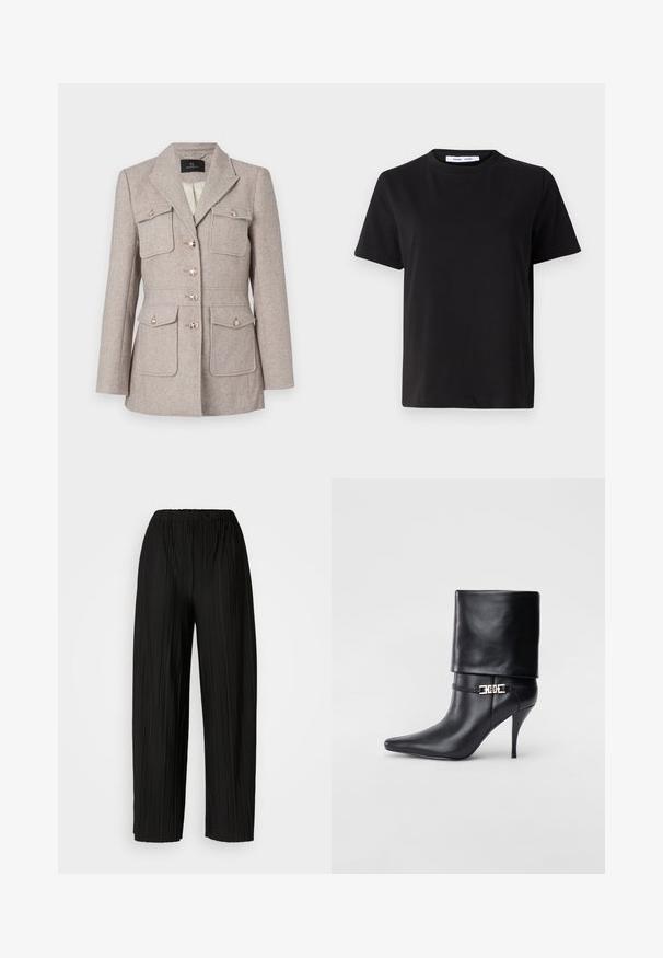 Blazer med houndstooth-mønster i lys beige med en skreddersydd passform, som har to brystlommer, knappefront og sølvfargede knapper.; Svart kortermet t-skjorte laget av myk bomull, med rund hals, avslappet passform og en jevn tekstur. Ingen synlige mønstre eller grafikk.; Svart, pregede bukser med løs midje som har bred benvidde. Stoffet har vertikale folder og en glatt tekstur.; Sorte lærstøvlett med spiss tå, høy stiletthel, omslagskant og en dekorativ gullspenne rundt ankelen.