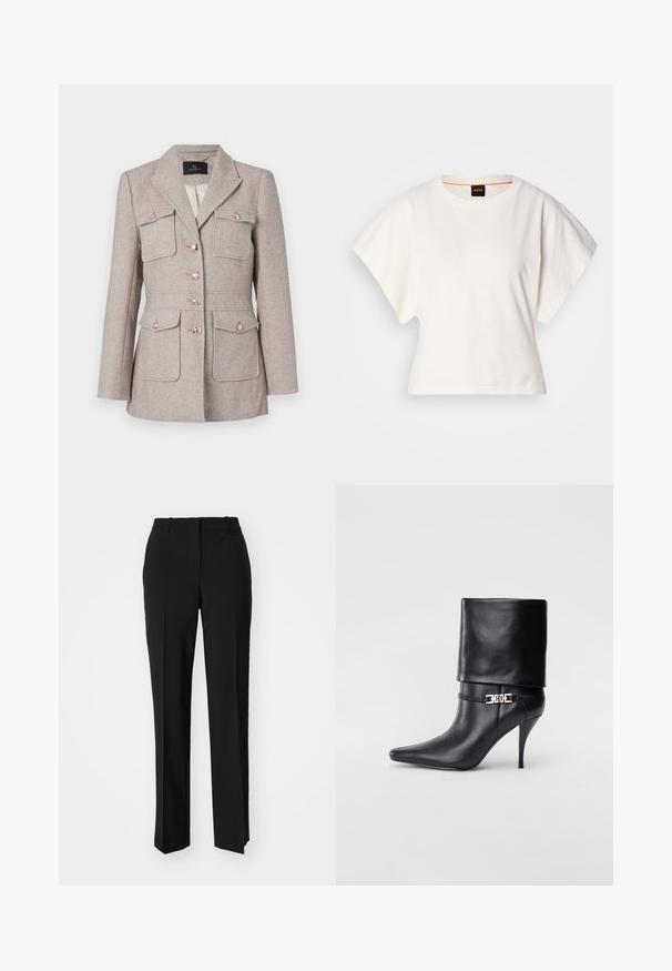 Blazer in leggero beige con motivo houndstooth e vestibilità sartoriale, dotato di due tasche sul petto, chiusura a bottoni e bottoni di tonalità argentata.; T-shirt bianca cropped, maniche corte e larghe, tessuto di cotone morbido, scollatura rotonda con bordino arancione sottile, design minimale, senza motivi o grafiche.; Pantaloni neri su misura con un design a gamba dritta, caratterizzati da una texture liscia e pieghe ben definite sul davanti. Senza hardware visibile.; Stivale ankle in pelle nera con punta affusolata, alto tacco a stiletto, risvolto sulla caviglia e un elegante dettaglio in oro con fibbia decorativa.