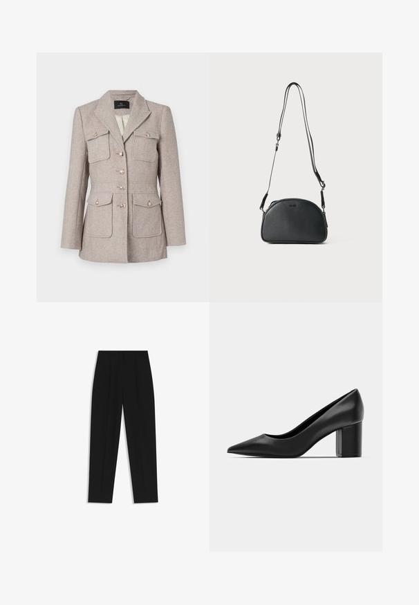 Houndstooth patterned blazer in light beige with a tailored fit, featuring two chest pockets, button front, and silver-tone buttons.; White cropped T-shirt, short wide sleeves, soft cotton material, round neckline with subtle orange trim, minimal design, no patterns or graphics.; Black trousers with a straight fit, featuring double pleats, a smooth texture, and a classic waistband design. No visible hardware or accents.; Black leather pump with a pointed toe and a chunky square heel. Smooth texture, simple design, suitable for formal settings.; Black leather crossbody bag with a rounded shape, two adjustable straps, and a subtle logo on the front. Textured exterior, minimalistic design.