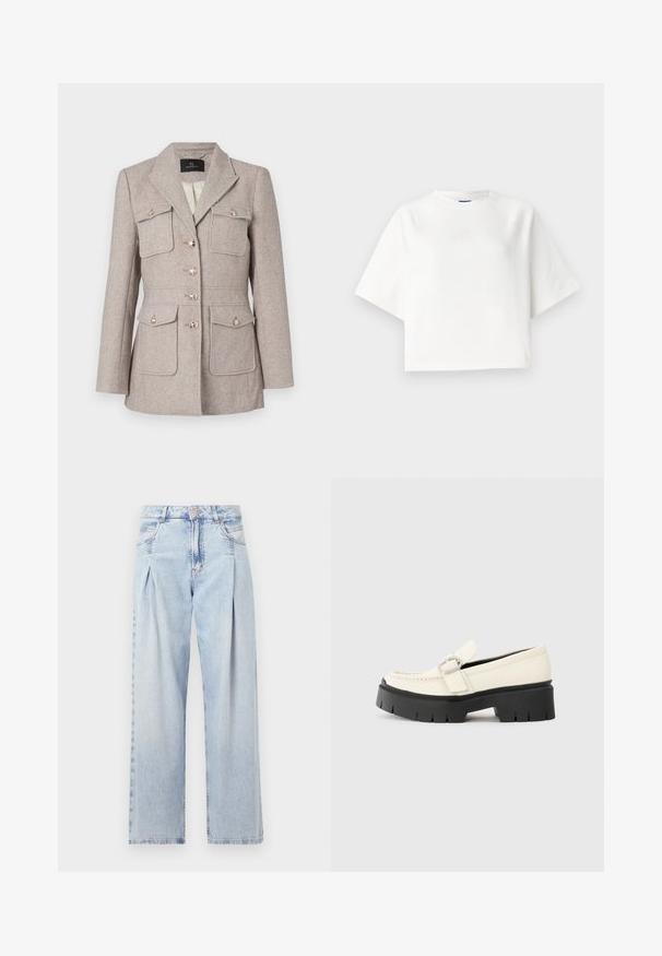 Blazer prydet med hounds tooth mønster i lys beige med en skræddersyet pasform, der har to brystlommer, knaplukning og sølvfarvede knapper.; Hvid oversized t-shirt med korte raglanærmer, lavet af blødt stof. Har et diskret logo på brystet og rund halsudskæring.; Lyseblå denim jeans med høj talje, bred benåbning, to sidelommer og plisseret design. Blød tekstur med et falmet finish.; Hvide læder loafers med en kraftig sort platformsål, der har en rektangulær sølvspænde og synlige syninger på overdelen.