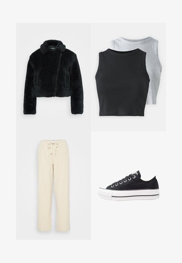 Κοντό μαύρο μπουφάν από τεχνητή γούνα με απαλή υφή, φαρδύ γιακά και μακριά μανίκια. Διαθέτει πλάγια κλείσιμο για εύκολη εφαρμογή.; Even&Odd Petite 2 PACK - Μπλούζα - light grey/black; Even&Odd Petite Παντελόνι - beige; Μαύρα καμβά παπούτσια με λευκή καουτσούκ σόλα, στρογγυλή μύτη, χαμηλό σχέδιο, μεταλλικά μάτια και υφασμάτινη μύτη. Λεπτή μαύρη ρίγα κατά μήκος της σόλας.