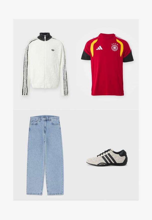 Fehér, szőrme anyagú cipzáros dzseki magas gallérral, fekete Adidas logóval és fekete csíkokkal az ujjak mentén. Puha tapintású és laza fazonú.; Piros német válogatott focimez fekete ujjakkal, sárga vállrész kiemelésekkel, Adidas logóval és a csapat címerével, amelyen négy csillag található a mellkason.; Világoskék farmernadrág egyenes szárú kivitelben, közepes derékkal, öt zsebbel, gombos és cipzáros záródással.; Adidas sportcipő, textúrált, világosszürke felsőrésszel és fekete bőr akcentusokkal. Fekete háromcsíkos logóval és párnázott talppal rendelkezik.
