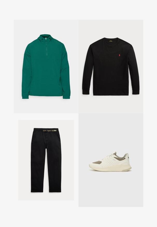 adidas Golf ULTIMATE - Neperpučiamoji striukė - green; Juodas ilgomis rankovėmis t-shirt, pagamintas iš medvilnės. Turi apvalų kaklą, suglebusius rankogalius ir mažą raudoną siuvinėtą logotipą ant krūtinės. Lygi tekstūra.; Juodos kelnės, pagamintos iš lengvo audinio, su elastinga juosta ir integruota žalia diržo dalimi, tiesaus kirpimo ir šonomis kišenėmis.; Baltas ir šviesiai bežinis sportinis kedas, su tinklo viršumi, perforuotais detalėmis ir tekstūruotu tarpine su logotipu ant kulno.