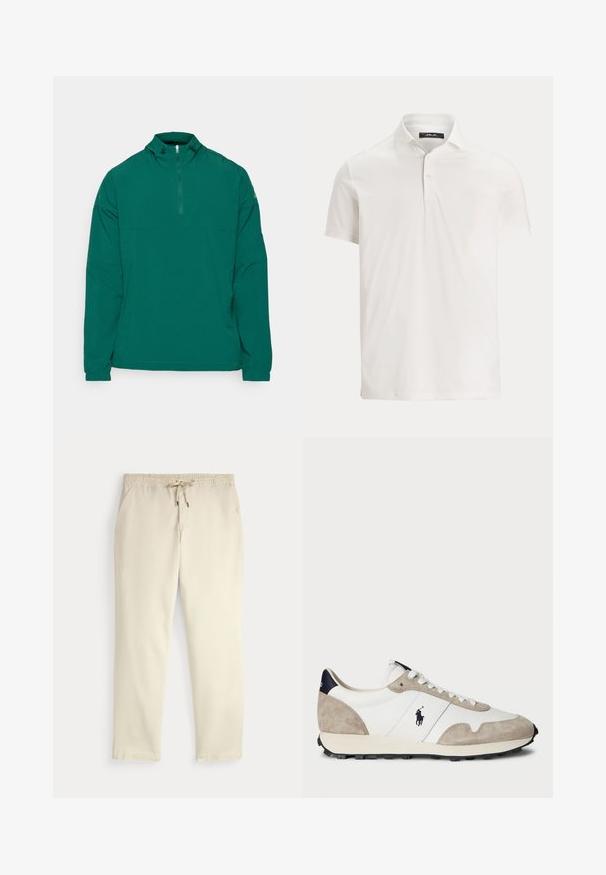 adidas Golf ULTIMATE365 - Neperpučiamoji striukė - green; Vyriški balti trumpomis rankovėmis polo marškinėliai su apykakle, dviem mygtukais ir subtilia logotipo etikete ant vidinės apykaklės.; Oficialiai balti kasdieniniai kelnės su elastiniu juosmeniu ir raišteliu, tiesiomis kojomis ir šoninėmis kišenėmis prieš paprastą foną.; Baltos ir smėlio spalvos zomšiniai sportiniai batai su juodu guminiais padu ir Polo logotipu šone, matomi iš išorės prieš baltą foną.