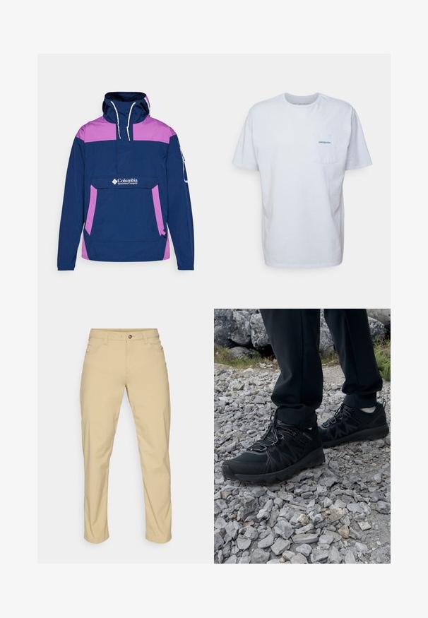 Meriinin sininen ja vaaleanpunainen vetoketjullinen takki hupparilla, etutaskulla, valkoisilla nyöreillä ja logolla. Tasaista tekstiiliä, pitkät hihat ja urheilullinen muotoilu.; Valkoinen puuvillapaita lyhyillä hihoilla, pyöreällä kaula-aukolla ja vasemmalla rintataskulla, jossa on sininen "Patagonia" -logo. Klassinen istuvuus ja sileä tekstuuri.; Patagonia QUANDARY PANTS - Ulkohousut - classic tan; Mustat ulkokengät, joissa on verkko- ja synteettinen materiaali, teksturoitu päällinen, varma nauhoitusjärjestelmä ja kestävä pohja kivikkoisella maastolla.