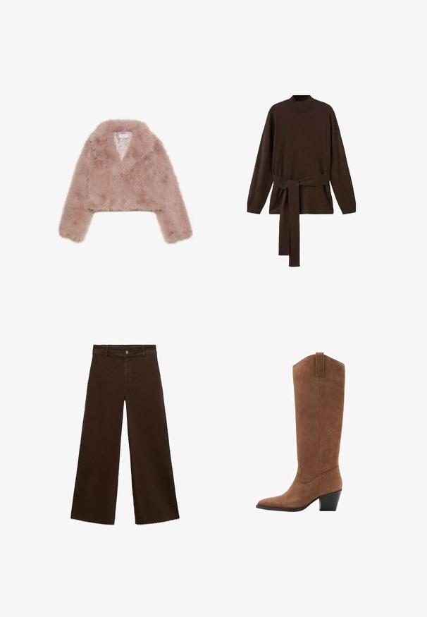 Ružičasti lažni krzneni skraćeni jakna s šalom, dugim rukavima i mekom teksturom. Obložena unutrašnjost s minimalnim detaljima.; Smeđi pleteni pulover s visokim ovratnikom, dugim rukavima i odgovarajućim pojasom. Mekana tekstura i opušteni kroj.; Smeđe široke hlače od pamuka, s raspucanim rubom, prednjim kopčanjem na dugme i klasičnim dizajnom s pet džepova. Minimalističke i svestrane.; Smeđe zrelo čizme do koljena s šiljastim vrhom, nagnutim petom i ukrasnim šavovima na cijevi. Glatka tekstura i suženi dizajn.