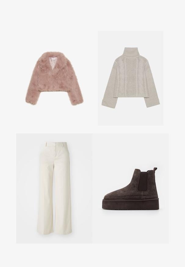 Roza umetna krznena jakna s skrajšanim krojem, šalskim ovratnikom, dolgimi rokavi in mehkimi teksturami. Podložena notranjost z minimalnimi detajli.; Kratka, svetlo siva pletena pulover s visokim ovratnikom in rebrastimi manšetami, ki ima strukturne kabelske vzorce po hrbtu in straneh.; Široke hlače v svetlo bež barvi, izdelane iz gladkega materiala. Imajo klasičen pas in ravno sprednjo stran z čistimi linijami.; Rjave semiš Chelsea čizme z elastičnimi stranskimi paneli in debelim, teksturiranim platformnim podplatom. Imajo zanko na peti za lažje oblačenje.