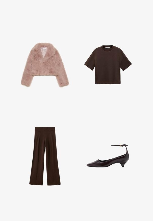 Ružičasti lažni krzneni skraćeni jakna s šalom, dugim rukavima i mekom teksturom. Obložena unutrašnjost s minimalnim detaljima.; Smeđi kratki rukav majica od mekog pamuka. Ima okrugli izrez i širok kroj, s glatkom teksturom i bez vidljivih uzoraka.; Smeđe široke hlače s rebrastimelastičnim pojasom i vertikalnim šavovima na bijeloj pozadini.; Tamno smeđe kožne cipele s kitten petom, šiljastog vrha, s tankim remenom oko gležnja i malim zlatnim kopčanjem.