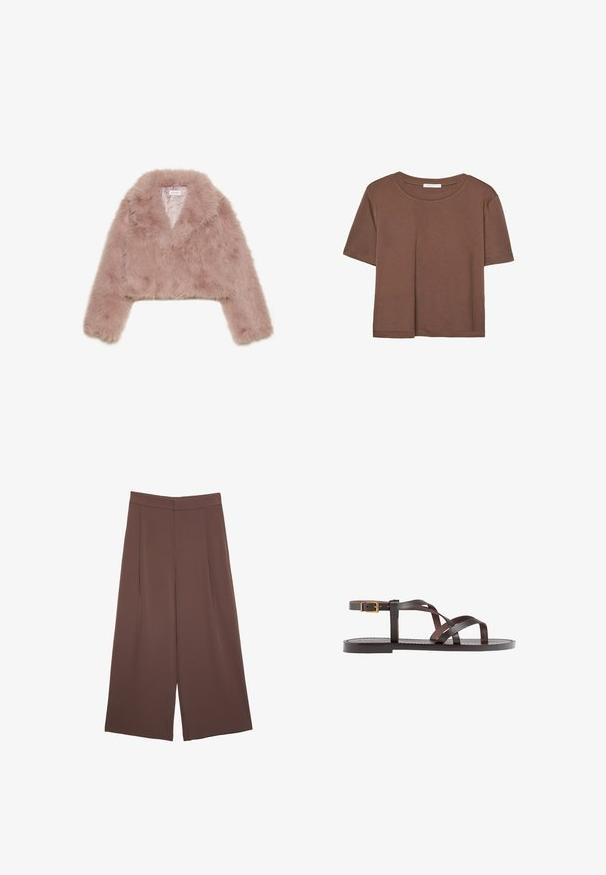 Różowa kurtka z sztucznego futra, krótka, z kołnierzem szalowym, długimi rękawami i miękką fakturą. Podszewka wewnętrzna z minimalnymi detalami.; Brązowa koszulka z krótkim rękawem, wykonana z miękkiego materiału, z okrągłym dekoltem i luźnym krojem. Brak widocznych wzorów lub akcentów.; Brązowe spodnie o szerokich nogawkach z gładką fakturą, z wysokim stanem i plisami z przodu. Materiał jest lekki i luźno opada.; Brązowe skórzane sandały z krzyżującymi się paskami, zapięciem na klamrę przy kostce oraz płaską podeszwą z minimalnymi detalami szycia.