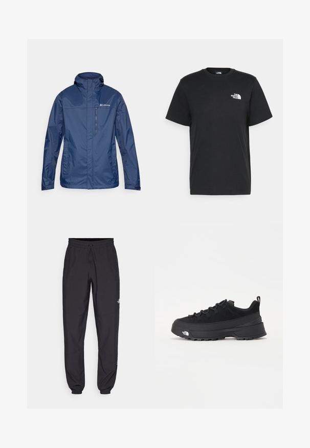 Veste imperméable bleu marine avec un col haut, poche poitrine zippée et tissu texturé. Comprend un logo sur le côté gauche.; T-shirt en coton noir à manches courtes, col rond, avec un petit logo blanc sur la poitrine gauche. Design simple, texture lisse et coupe décontractée.; Pantalon de sport noir en tissu léger, avec une taille à cordon, des poches latérales et des chevilles resserrées.; Baskets de plein air noires avec une tige en daim, semelle en caoutchouc texturé et un système de laçage robuste. Comprend un talon renforcé et un logo de la marque sur le côté.