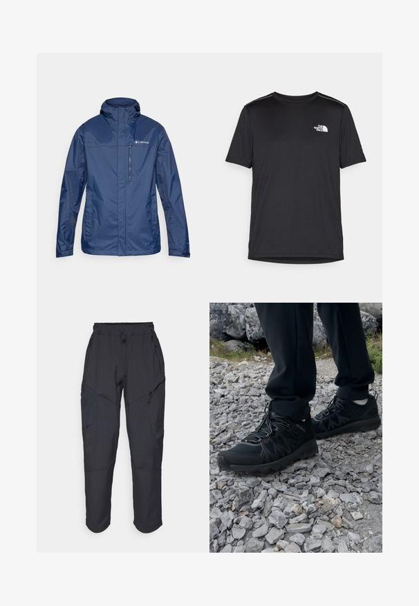 Marineblaue, wasserdichte Jacke mit hohem Kragen, Reißverschlusstasche auf der Brust und strukturiertem Stoff. Mit Logo auf der linken Seite.; Schwarzes T-Shirt mit kurzen Ärmeln aus leichtem Stoff. Mit einem kleinen weißen Logo auf der linken Brust und dezenten Akzenten an den Schultern.; Schwarze Cargo-Hosen aus leichtem, wasserabweisendem Material; verfügen über einen elastischen Bund, mehrere Reißverschlusstaschen und schmal zulaufende Beine.; Schwarze Outdoor-Schuhe aus Mesh und synthetischem Material, mit einer strukturierten Oberseite, gesichertem Schnürsystem und griffiger Laufsohle, auf felsigem Gelände.