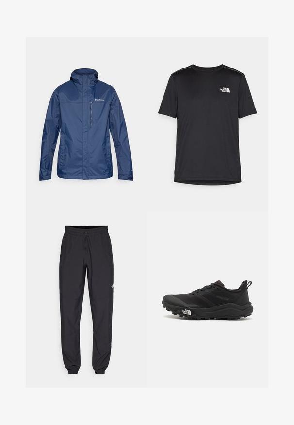 Granatowa wodoodporna kurtka z wysokim kołnierzem, zapinaną na zamek kieszenią na piersi oraz teksturowanym materiałem. Ma logo po lewej stronie.; Czarny t-shirt z krótkim rękawem, wykonany z lekkiego materiału. Posiada małe białe logo na lewej piersi oraz subtelne akcenty na ramionach.; Czarne spodenki sportowe wykonane z lekkiego materiału, z elastycznym pasem na sznurek, bocznymi kieszeniami i zwężanymi mankietami przy kostkach.; Czarne buty do biegania w terenie z teksturowaną cholewką, gumową podeszwą i wzmocnionym noskiem. Posiadają wyściełany kołnierz oraz uchwyt do łatwego zakładania.