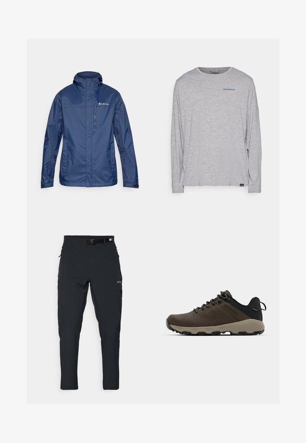 Jachetă impermeabilă de culoare albastru închis, cu guler înalt, buzunar pe piept cu fermoar și material texturat. Are logo-ul pe partea stângă.; Tricou cu mânecă lungă de culoare gri deschis, realizat dintr-un material moale și texturat. Are un gât rotund și un mic logo al brandului Patagonia de culoare albastră pe piept.; Columbia ESSENTIAL HIKE™ PANT - Pantaloni outdoor - black; Adidași impermeabili maro, cu un superior texturat, accente perforate, suport pentru călcâie negru și o talpă din cauciuc gri. Șireturile au vârfuri metalice.