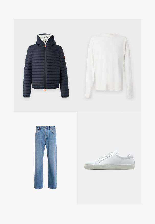 Marineblauwe donzen jas met een rits aan de voorkant, capuchon en horizontaal doorgestikt ontwerp. Voorzien van een oranje ritstrekker en een logo op de linkermouw.; Witte katoenen blouse met lange mouwen en een ronde halslijn, met zijsplitten aan de onderkant en een gladde textuur, vanuit de achterkant weergegeven.; Lichtblauwe denim jeans met een straight-leg ontwerp, vijf zakken, knoopsluiting, minimale vervaging en contrasterende stikseldetails.; Witte sneaker met een gladlederen bovenwerk en een laag profiel. Voorzien van een ronde neus, zes vetergaatjes en een gestructureerde rubberen zool.