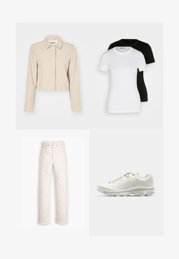 Skosená béžová bunda s golierom, dlhými rukávmi, jednou náprsník pocketou a hladkou textúrou látky. Minimalistický dizajn bez viditeľných zapínaní.; Dvoje tričiek s krátkym rukávom v čiernej a bielej farbe. Vyrobené z hladkej bavlny, s klasickým okrúhlym výstrihom a bežným strihom.; Biele džínsy z denimu so stright-leg strihom, päť-vreckovým štýlom a medenými kovovými doplnkami. Nerovný lem na členkoch.; Biele behacie tenisky s priedušnou sieťovinou, textúrovanými akcentmi a polstrovanou podrážkou. Obsahujú rýchloukutovací systém pre jednoduché obutie.
