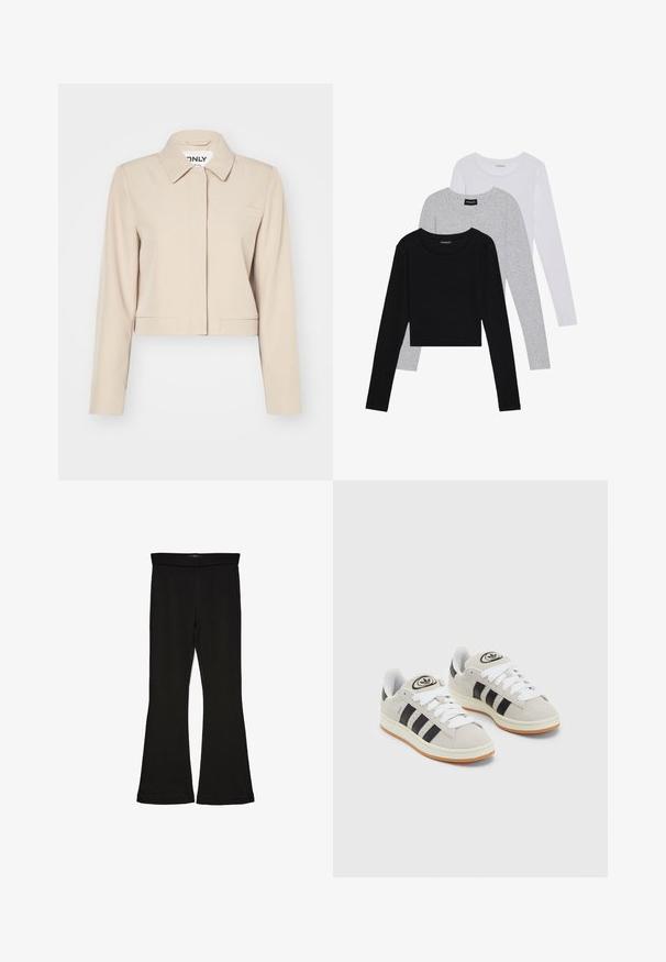 Casaco beige cropped com colarinho, mangas longas, um único bolso no peito e uma textura de tecido suave. Design minimalista sem fechos visíveis.; Três camisetas de manga longa empilhadas: preta, cinza e branca. Cada uma tem um decote redondo e um design cropped, feitas de um tecido leve e suave.; Leggings pretos em flare feitos de um tecido elástico. Apresentam uma cintura larga e uma textura suave, com um silhueta ajustada que se alarga na bainha.; Tênis de camurça cinza com atacadores brancos, riscas pretas e uma sola de borracha branca. Apresenta um logótipo circular na língua e uma sola de borracha.