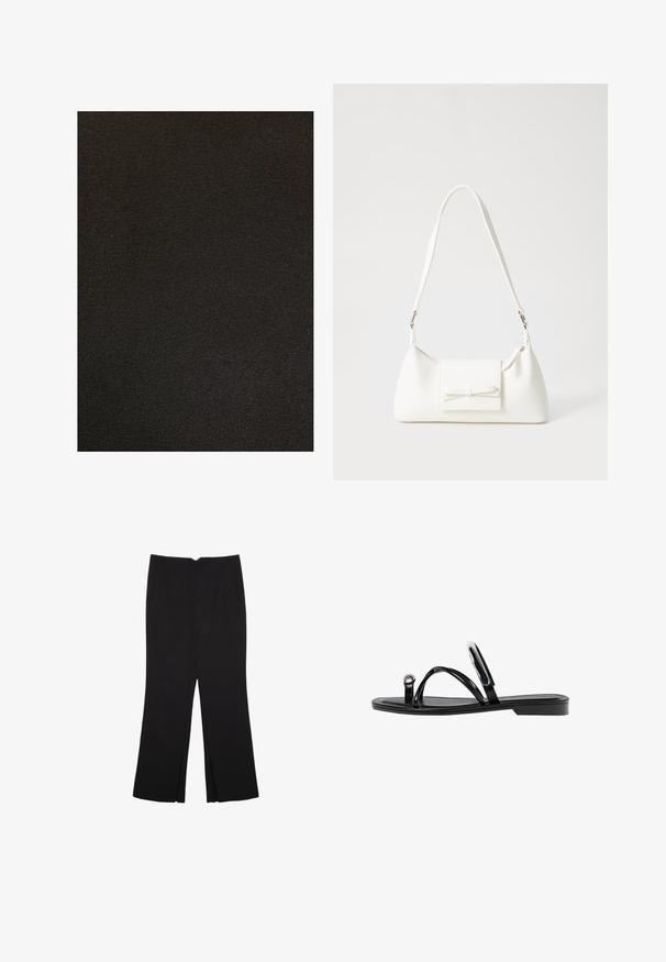 Črna tkanina z gladko teksturo, ki ima dosleden vzorec tkanja. Ni vidnih vzorcev ali poudarkov.; Črn brezrokavnik iz gladkega materiala, z okroglim izrezom in prilegajočim krojem, brez vidnih vzorcev ali okrasnih elementov.; Črne hlače ravnega kroja z naglavnimi žepi in stranskimi razporki na robu. Narejene iz mehke, gladke tkanine. Primerne za različne priložnosti.; Črne ravne sandale s sijajno končno obdelavo, tremi tankimi trakovi in okroglo kovinsko podrobnostjo na prstih. Elegantna zasnova z minimalnim peto.; Bela sintetična torbica v obliki trikotnika, z ravnim sprednjim poklopcem in detajlom mašne, nastavljivim trakom, gladko teksturo in minimalističnim dizajnom.