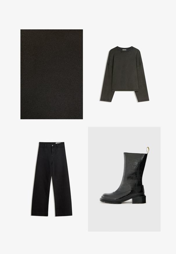 Czarna tkanina o gładkiej fakturze, z jednolitym wzorem splotu. Brak widocznych wzorów lub akcentów.; Ciemnoszara bluzka z długim rękawem wykonana z mieszanki bawełny. Prosty krój z okrągłym dekoltem i opuszczonymi ramionami, z widocznymi szwami.; Czarne dżinsowe spodnie o szerokich nogawkach i wysokim stanie, z przednimi i tylnymi kieszeniami, przeszyciami oraz zapięciem na guziki. Gładka struktura.; Czarne botki za kostkę wykonane z błyszczącego, strukturalnego materiału. Posiadają masywny obcas oraz pętlę z tyłu dla łatwego zakładania.