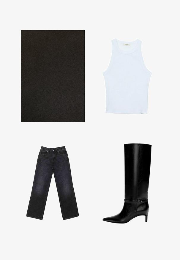 Crni tkanina s glatkom teksturom, koja se odlikuje ujednačenim uzorkom tkanja. Nema vidljivih uzoraka ili naglaska.; Bijela majica na bretele, rebrasta tekstura, okrugli izrez, bez rukava, uski kroj, suptilno brendiranje na etiketici unutar područja ovratnika.; Crne traperice visokog struka s širokim nogavicama, dizajn s pet džepova i vidljivim šavovima. Tkanina ima glatku, blago teksturiranu završnu obradu.; Crne kožne čizme do koljena s uskim vrhom i malom petom. Imaju usku traku s metalnom kopčom oko gležnja. Glatka tekstura.