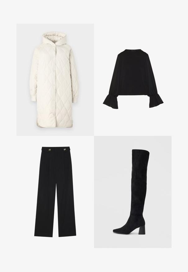 Quiltad, knälång kappa i ljus grädde med huva. Har ett diamantmönster, tryckknappar och vida ärmar för komfort.; Svart långärmad topp med utställda ärmslut, mjuk textur och avslappnad passform, med en enkel rund halsringning.; Svarta vida byxor med hög midja, knäppdetaljer i midjan och framfickor.; Svarta mocka knähöga stövlar med klack, spetsig tå och slät, sömlös design mot en ljus, enfärgad bakgrund.
