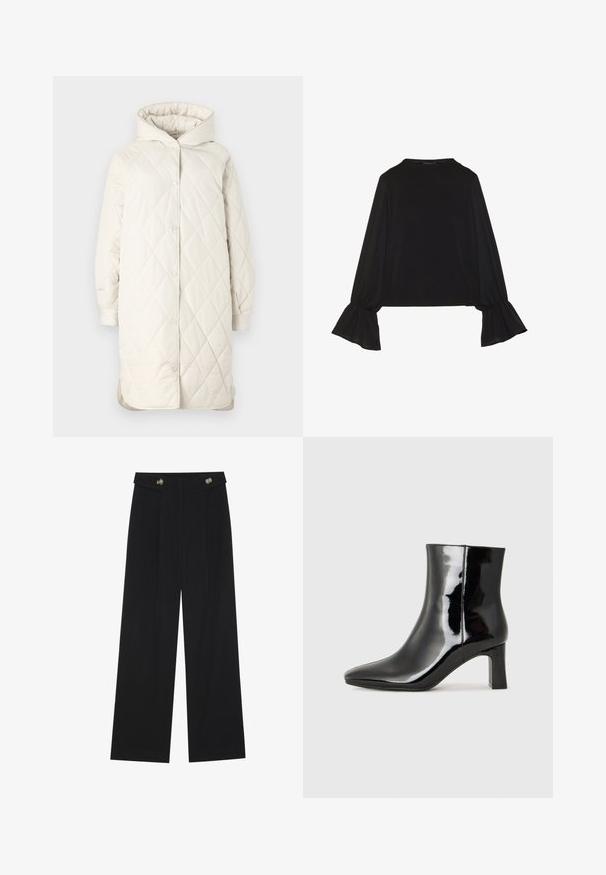 Kvaltsēta, līdz ceļiem garā jaka gaiši krēmkrāsā ar kapuci. Ar dimanta rakstu, spiedpogas un platām piedurknēm komfortam.; Melna garām piedurknēm krekls ar izplestu aproču, maigu tekstūru un brīvu piegriezumu, ar vienkāršu apaļu dekoltē.; Melnas platās bikses ar augstu jostasvietu, pogu detaļām uz jostas un priekšējām krokām.; Melnas patentētas ādas potīšu zābaki ar norādītu pirkstu un vidēja augstuma kvadrātveida papēdi. Gluda tekstūra un minimālisma dizains.