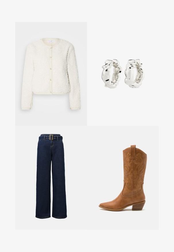 Valkoinen, pörröinen kardigan, jossa on pitkät hihat, pyöreä kaulus ja etupainike. Korostettu vaaleanbeigeillä yksityiskohdilla.; Napapaita, jossa on pystysuorat raidat sinisen, mustan ja valkoisen sävyissä. Valmistettu sileästä kankaasta, jossa on klassinen kaulus ja nappisuljenta.; Tummansiniset leveälahkeiset farkut, joissa on ommellut taskut ja vastaava vyö, jossa on suuri suorakulmainen kultainen solki.; Ruskean nahkainen cowboy-saapas, jossa on terävä kärki, brodeeratut pyörteiset kuviot varressa ja kerroslohko korko. Varustettu nostonipulla helpottamaan pukemista.; Hopeilevyt, joissa on teksturoitu ja epäsäännöllinen muotoilu. Pinta on heijastava, ja siinä on kaarteita ja ääriviivoja. Sisätila on ontto.