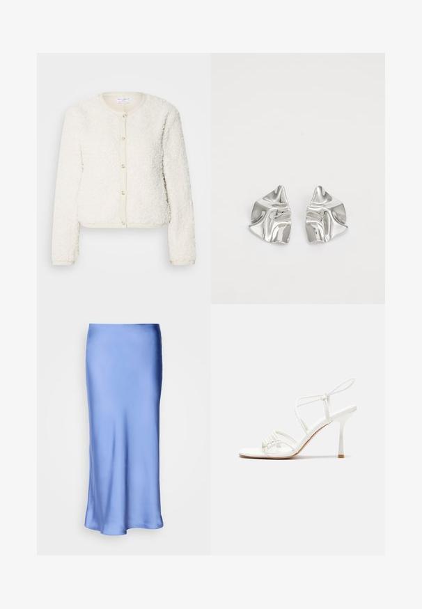 Bijela, pahuljasta kardigan sa dugim rukavima, okruglim izrezom i prednjim kopčanjem na gumbe. Upečatljiv s svijetlosmeštrim rubom.; Asimetrična bijela majica bez rukava s dizajnom jednog ramena, izrađena od glatkog materijala, s prilagođenim siluetom i čistim rubovima.; Satin plava midi suknja s glatkom, sjajnom završnom obradom. Razvijeni silueta, rub lagano zakrivljen, ističući njezin fluidni dizajn.; Bijele sandale s visokom potpeticom i trakama, ravno oblikovanim prstima, teksturiranim prednjim dijelom s naboranim detaljima i uskom trakicom oko gležnja.; Srebrne metalne naušnice s valovitim, skulpturalnim dizajnom, naglašenim sjajnom završnom obradom i nepravilnim oblicima, što ističe suvremeni estetski izraz.