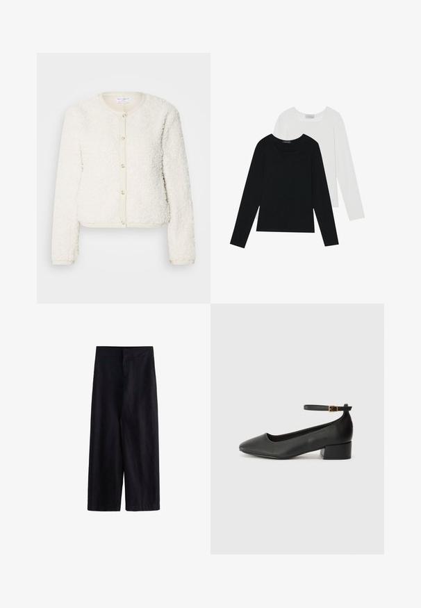 Weißer, flauschiger Cardigan mit langen Ärmeln, Rundhalsausschnitt und vorderer Knopfleiste. Mit einem hellbeigen Saum veredelt.; Zwei Langarmoberteile, eines schwarz und eines weiß, beide mit einem quadratischen Ausschnitt und aus weichem, dehnbarem Stoff.; Schwarze weite Hosen aus leichtem Stoff. Mit einem flachen Bund, einem Reißverschluss vorne und Taschen ausgestattet, geeignet für Freizeit- oder formelle Anlässe.; Schwarze Lederpumps mit spitzem Zehenbereich und niedrigem Blockabsatz. Mit einem Knöchelriemen und einer goldfarbenen Schnalle. Glatte Textur.