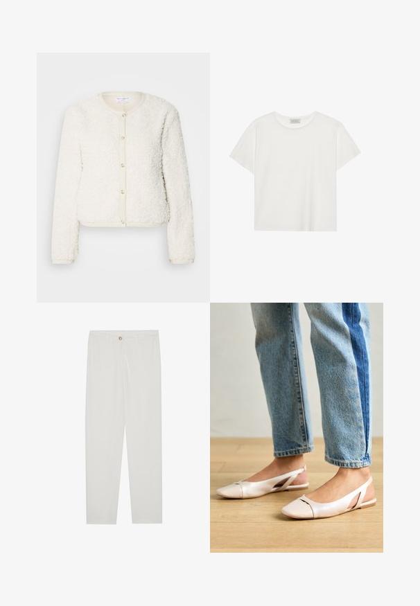 Biele, nadýchané kardigán s dlhými rukávmi, okrúhlym výstrihom a zapínaním na gombíky. Doplněný svetlo béžovým lemom.; Biele tričko s krátkymi rukávmi vyrobené z jemnej bavlny. Má okrúhly výstrih a voľný strih. Čistý dizajn bez viditeľných vzorov alebo akcentov.; Biele, priliehavé nohavice s rovnými nohavicami, so zapínaním na gombík, pútkami na opasok a bočnými vreckami; hladká textúra látky.; Svetloružové slingback baleríny s jemne špicatou špičkou, vyrobené z hladkého materiálu pripomínajúceho kožu. Majú výrezové detaily na stranách a plochý opätok.
