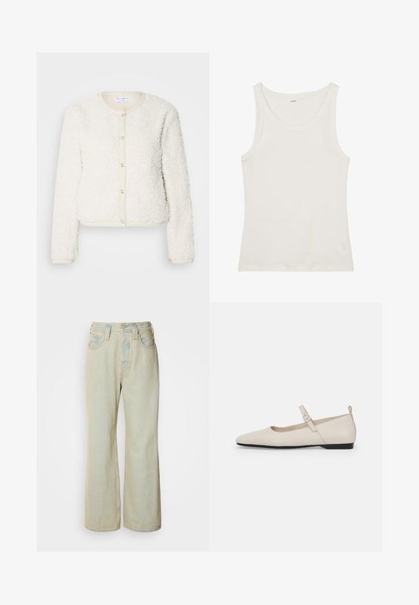 Valge, pehme tekstuuriga kardigan pikkade varrukatega, ümar kaelus ja esiküljel nööpidega sulgemine. Rõhutatud heleda beeži äärega.; Valge puuvillane top, millel on lai kaelus ja õhukesed õlavarre rihmad. Sile tekstuur ilma nähtavate mustrite või kaunistusteta.; Heledad sinine laiad teksad, mis on valmistatud denimist, kõrge vöökoht, viis taskut ja kerge kulumine koos kontrastsetest õmblustest rõhutustega.; Valgete nahast Mary Jane lamedate kingade kumerad varbad, külgmine pandla ja madal must konts. Sile tekstuur ja minimalistik disain.