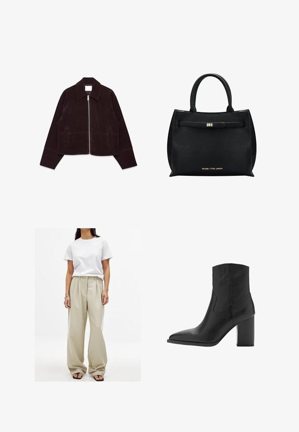 Giacca corta in suede marrone con colletto, chiusura frontale con zip e tasche laterali. Presenta una texture morbida e maniche larghe.; Maglione grigio morbido con collo alto, indossato sopra una gonna semi-trasparente in tonalità tenui, abbinato a mocassini neri e a una borsa taupe.; Pantaloni beige a gamba larga con pieghe frontali e una texture liscia, abbinati a una t-shirt bianca in cotone aderente. Infradito neri completano il look.; Stivale alla caviglia in pelle nera con punta appuntita e tacco a blocco strutturato, caratterizzato da una texture liscia e dettagli di cucitura minimi.; Borsa a mano in pelle nera con forma strutturata, manici superiori, texture liscia, ferramenta color oro e chiusura frontale. Presenta il logo alla base.