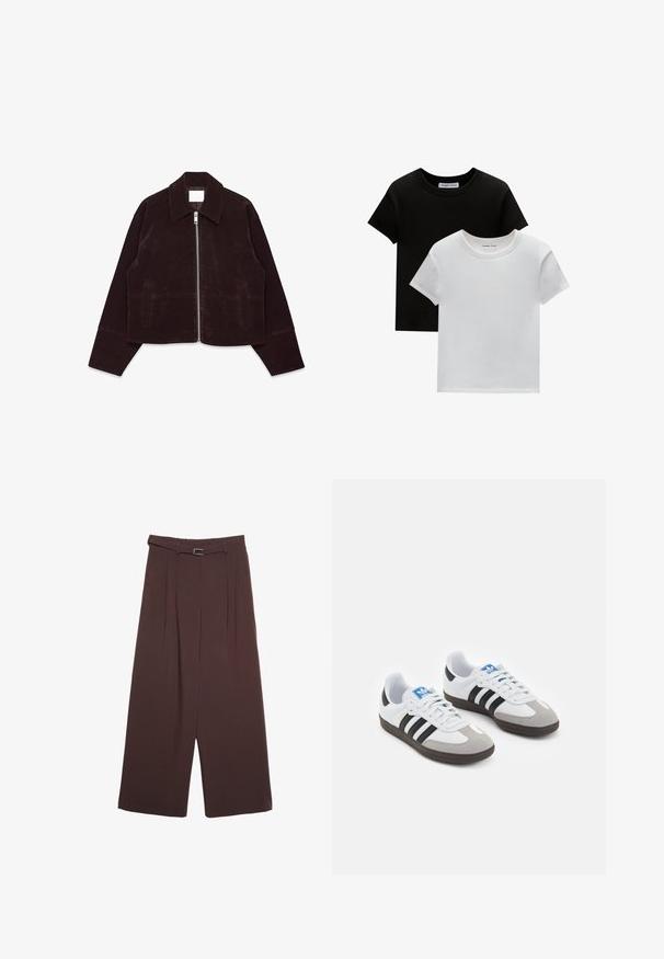 Rjava semiš kratka jakna s ovratnikom, sprednjim zadrgo in stranskimi žepi. Ima mehko teksturo in široke rokave.; Dve majice s okruglim izrezom, crne in bele barve, narejene iz bombaža. Imajo kratke rokave in enobarven dizajn brez vzorcev ali dodatkov.; Stradivarius WIDE-LEG WITH BUCKLE DETAIL - Hlače - dark brown; Športni čevlji z belim usnjenim zgornjim delom, sivim semišem na prstih in tremi črnimi črtami. Imajo modro logo na jeziku in teksturiran gumijast podplat.