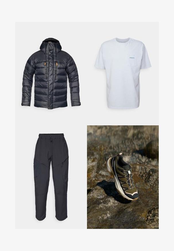 Jūras spēku puffer jaka ar kapuci, ar quilted dizainu, divām priekšējām rāvējslēdzēju kabatām un ādas akcentiem uz rāvējslēdzējiem. Gluda, spīdīga tekstūra.; Balts kokvilnas T-krekls ar īsām piedurknēm, apaļu kakla izgriezumu un kreisajā krūtī kabatu ar zilu "Patagonia" logotipu. Klasiska piegriezuma ar gludu struktūru.; Melnas kravas bikses, izgatavotas no viegla, ūdens izturīga materiāla; ar elastīgu jostasvietu, vairākiem kabatām ar rāvējslēdzējiem un sašaurinātiem ievedumiem.; Tūrisma apavi olīvzaļā un melnā krāsā ar rozā akcentiem. Iespējas ietver teksturētu virsu, elastīgu zoli, pastiprinātu purngalu un krāsainu šņorējuma sistēmu.