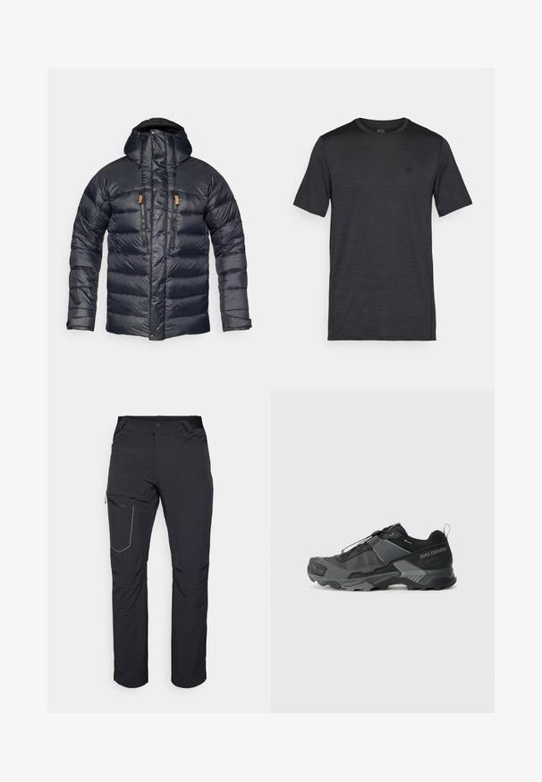 Marineblaue Steppjacke mit Kapuze, ausgestattet mit einem gesteppten Design, zwei vorderen Reißverschlusstaschen und Lederakzenten an den Reißverschlüssen. Glatte, glänzende Textur.; Schwarzes kurzärmeliges T-Shirt aus glattem, leichtem Material. Verfügt über einen runden Ausschnitt und ein gesticktes Logo auf der Brust.; Schwarze Outdoor-Hosen mit einem Reißverschlusstaschen an den Oberschenkeln, elastischem Bund und glattem, wasserabweisendem Stoff. Sauberes Design ohne sichtbare Logos.; Schwarzer Trailrunning-Schuh mit einem robusten Mesh-Obermaterial, verstärkter Zehenkappe, strukturierten Gummisohle und elastischem Schnürsystem für einen sicheren Sitz.