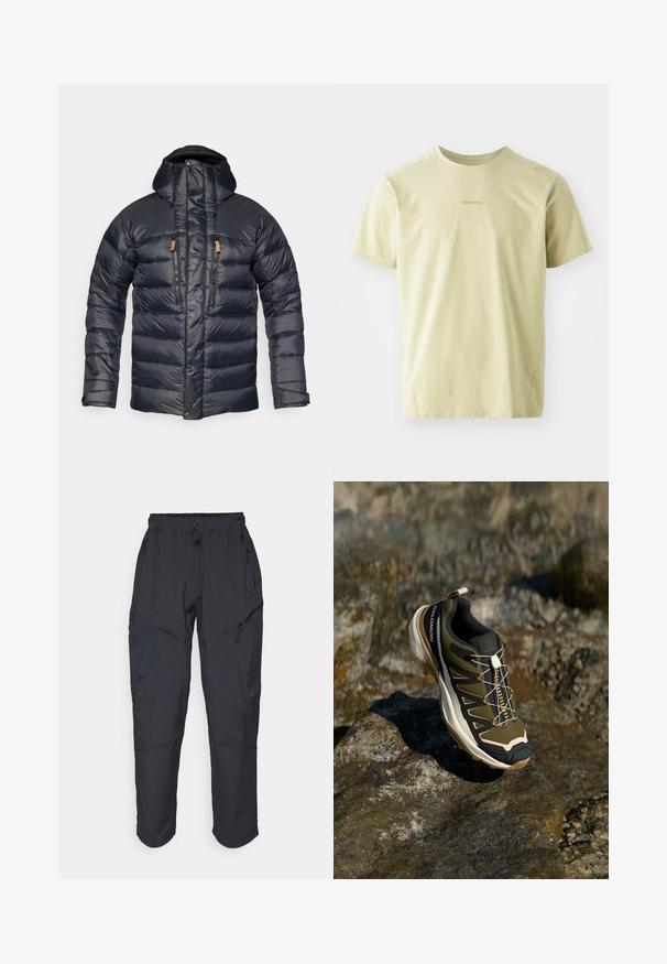 Navy puffer jacket with a hood, featuring a quilted design, two front zip pockets, and leather accents on zippers. Smooth, glossy texture.; Salomon TRACKLINE TEE - Sports T-shirt - gray green; Black cargo pants made from a lightweight, water-resistant material; features elastic waistband, multiple zippered pockets, and tapered legs.; Hiking shoe in olive green and black with pink accents. Features a textured upper, flexible sole, reinforced toe cap, and colorful lacing system.