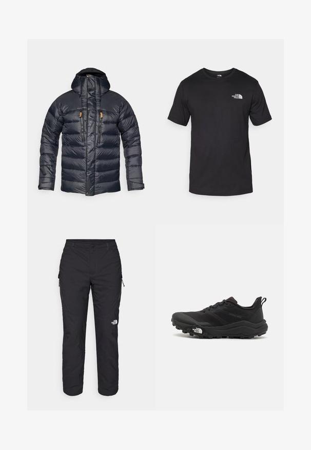 Veste matelassée marine avec capuche, présentant un design matelassé, deux poches zippées à l'avant et des accents en cuir sur les fermetures éclair. Texture lisse et brillante.; T-shirt noir à manches courtes en coton, avec un col rond et un petit logo blanc sur le côté supérieur gauche de la poitrine.; The North Face WINTER EXPLORATION TAPERED CARGO - Pantalons outdoor - black; Chaussure de trail running noire avec une tige texturée, semelle en caoutchouc et bout renforcé. Présente un col rembourré et une tirette pour un enfilage facile.