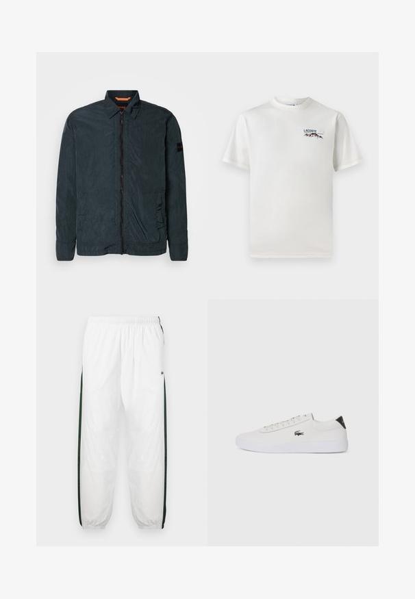 Musta, kevyt takki vetoketjulla, kärkipäällä ja kahdella sivutaskulla. Rakenteellinen kangas ja joustavat hihansuut. Brändäys hihassa.; Valkoinen puuvillainen T-paita, jossa on pyöreä pääntie, lyhyet hihat ja pieni brodeerattu logo, jossa on vuoria ja teksti vasemmalla rintapielessä.; Valkoiset urheiluhousut tummanvihreillä sivupaneeleilla. Kevyt materiaali, joustava vyötärö ja resorit. Sivupaneeleissa on verkkotyyppinen tekstuuri.; Valkoinen nahkakenkä pyöreällä varvalla, nauhakiinnitys edessä ja musta kantapään korostus. Sivussa pieni brodyoitu krokotiililogo.