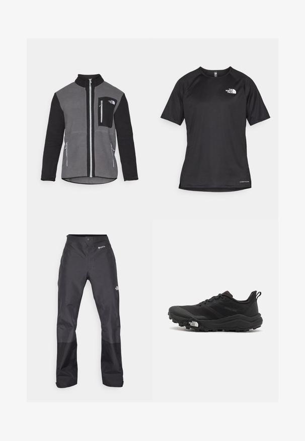 Flis jakna u sivoj i crnoj boji, s visokim ovratnikom, džepovima na zatvarač i džepom na prsima s logom. Mekana, teksturirana tkanina.; Crna kratkotrajna atletska majica s teksturiranom tkaninom, koja ima bijeli logo na lijevom prsnom dijelu i ravni rub.; Crne vodootporne hlače s glatkom teksturom, s GORE-TEX logotipom sprijeda i ojačanim donjim dijelovima nogavica za izdržljivost.; Crne trail trkačke cipele s teksturiranim gornjim dijelom, gumeni potplat i ojačana zaštita za prste. Imaju podstavljen ovratnik i trakicu za lakše obuvanje.