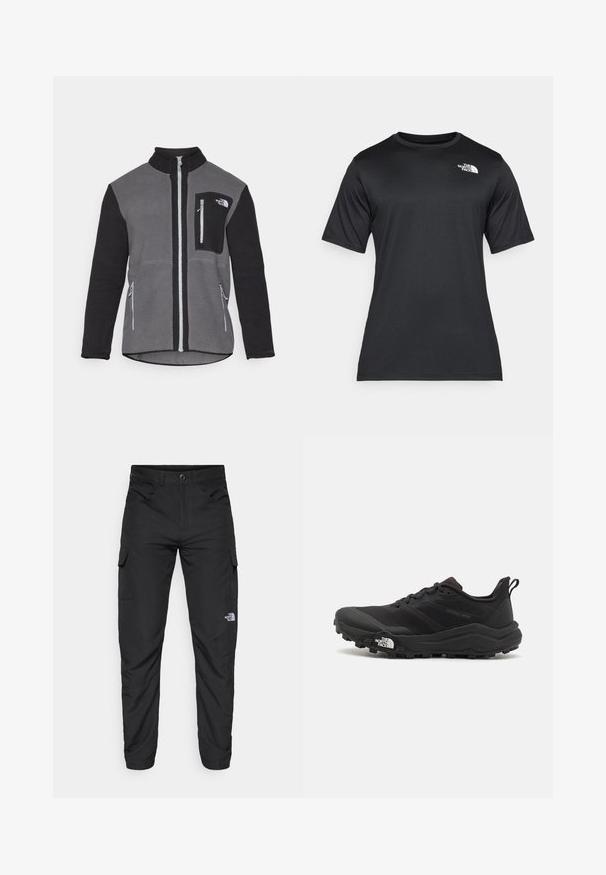 Kurtka polarowa w kolorze szarym i czarnym, z wysokim kołnierzem, zamykanymi na zamek kieszeniami oraz kieszenią na piersi z logo. Miękki, teksturowany materiał.; Czarna koszulka z krótkim rękawem wykonana z lekkiego, odprowadzającego wilgoć materiału. Posiada białe logo na lewej stronie klatki piersiowej oraz okrągły dekolt.; The North Face HORIZON czarny; Czarne buty do biegania w terenie z teksturowaną cholewką, gumową podeszwą i wzmocnionym noskiem. Posiadają wyściełany kołnierz oraz uchwyt do łatwego zakładania.