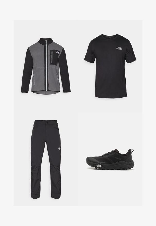 Jachetă din fleece, gri și neagră, cu gulere înalt, buzunare cu fermoar și un buzunar pe piept cu logo. Material moale, texturat.; Tricou scurt din bumbac, de culoare neagră, cu guler rotund și un mic logo alb în partea de sus a pieptului stâng.; Pantaloni negri de exterior cu un buzunar frontal cu fermoar, din material sintetic, cu picioare îngustate și panouri de genunchi întărite. Prezintă o închidere cu buton.; Pantofii de alergare pe teren accidentat, de culoare neagră, cu un superior texturat, talpă din cauciuc și vârf întărit. Prezintă un guler căptușit și o bandă de prindere pentru îmbrăcare ușoară.