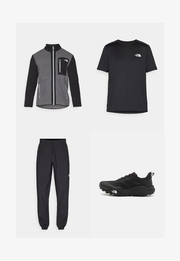 Fleecejakke i grå og svart, med høy krage, glidelås-lommer og en brystlomme med logo. Myk, teksturert stoff.; Svart kortermet T-skjorte laget av lett materiale. Har en liten hvit logo på venstre bryst og subtile skulderdetaljer.; Sorte idrettsbukser laget av lett stoff, med snor i livet, sidelommer og smale mansjetter ved anklene.; Svart terrengløpesko med teksturert overdel, gummisåle og forsterket tåhette. Har polstret krage og løftestropp for enkel påkledning.