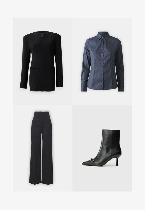 Black long-sleeve tailored blazer with hidden front closure, structured shoulders, and two front welt pockets against white background.; Navy blue long-sleeve shirt with button-up front, pointed collar, and a tailored fit. Made of smooth, lightweight fabric.; Wide-leg trousers in black fabric with a high waistband, featuring a clean finish and smooth texture. No visible hardware or patterns.; Black leather ankle boot with pointed toe, slim mid-height heel, and silver buckle detail on side against plain background.
