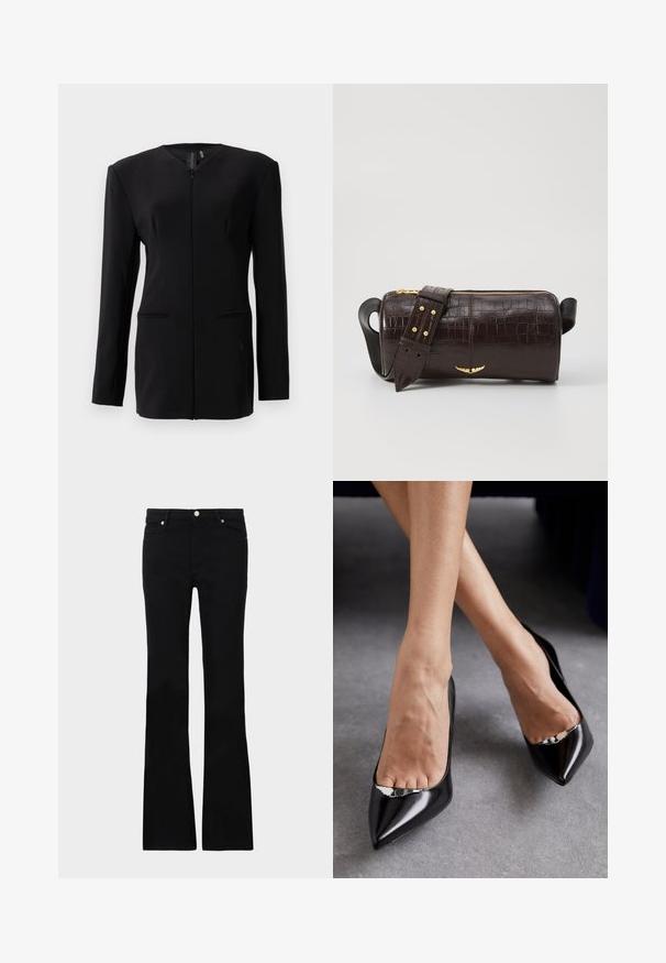 Juodas ilgomis rankovėmis pritaikytas švarkas su paslėptu priekiu, struktūruotais pečiais ir dviem priekinių kišenių, ant balto fono.; Juoda bluzonė, pagaminta iš minkštos medžiagos, su nėriniais išpjaustytu dekoru ir gėlių raštu. Ilgos, pūstos rankovės ir laisvas modelis užbaigia dizainą.; Juodi plačios kojų džinsai, pagaminti iš denimo, turintys dvi priekinės kišenes, užsegimą su mygtuku ir lygią tekstūrą. Išsiuvinėjimas matomas siūlėse.; Juodos odinės aukštakulnės bateliai su smailiu pirštu ir atvira konstrukcija, dekoruoti sidabriniu akcentu. Lygus paviršius su blizgiu apdaila.; Ruda krokodilo odspaudo odinė rankinė cilindro formos, su auksinėmis detalėmis ir nuimamu dirželiu, papuoštu studelėmis.