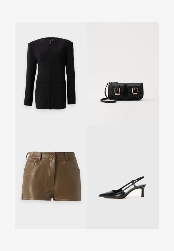Blazer preto de mangas longas, ajustado, com fecho frontal oculto, ombros estruturados e dois bolsos frontais com abertura, contra um fundo branco.; Bodysuit branco de mangas longas com decote profundo e fecho de mola na zona da virilha, apresentado sobre um fundo branco liso.; Calções de pele sintética castanha com um design justo, cintura com passantes para cinto, bolsos frontais e detalhes de costura visíveis.; Salto slingback em patente preta com bico apontado, apresentando um padrão de pele de cobra texturizado, tira ajustável e um salto bloco curto e texturizado.; Bolsa de ombro em couro preto com dois bolsos frontais, fivelas douradas, fecho de zíper e uma alça fina. Superfície texturizada e forma retangular compacta.