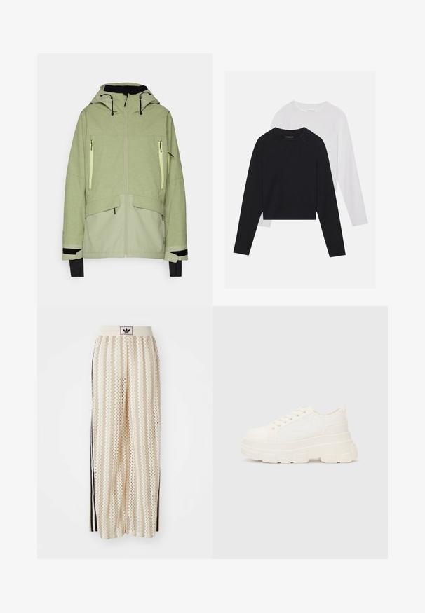 Hele roheline jope tekstureeritud pinnaga, millel on kapuuts, lukuga taskud ja mustad aktsendid mansettidel ning alläärs.; Kaks pikade varrukatega särki: üks must ja teine valge. Mõlemal on ümar kaelus, raglanvarrukad ja pehme puuvillasegu kangas.; Kreemivärvilised lai säärega püksid, millel on siksakmustrit, must logoga vööp ja külgmised mustad triibud. Kerge, tekstureeritud kangas.; Valge kangast tennis, millel on paks tald, ümar varvas ja viis augukeed lakkide jaoks. Tagumine silt lihtsaks jalga panemiseks. Sile tekstuur, minimalistik disain.