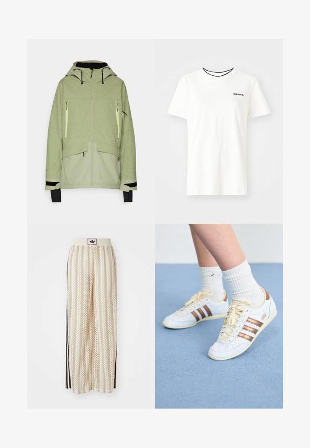 Šviesiai žalia striukė su tekstūruotu paviršiumi, turinti gobtuvą, užtrauktukinius kišenes ir juodus akcentus ant rankovių bei apatinės dalies.; Balta medvilnė marškinėliai su trumpomis rankovėmis ir apvalia iškirpte. Ant krūtinės yra juodas Adidas logotipas, o vidinė apykaklė yra kontrastinga juoda.; Grietos spalvos plačios kelnės su zigzagų raštu, turinčios juodą logotipo juostą ir šonines juodas juosteles. Lengvas, tekstūruotas audinys.; Baltos sportiniai bateliai su bronzinėmis juostelėmis, tekstūruota oda, geltonomis raišteliais ir perforuotomis detalėmis. Dėvimi su baltais dryžuotais kojinėmis ant švelnaus mėlyno paviršiaus.