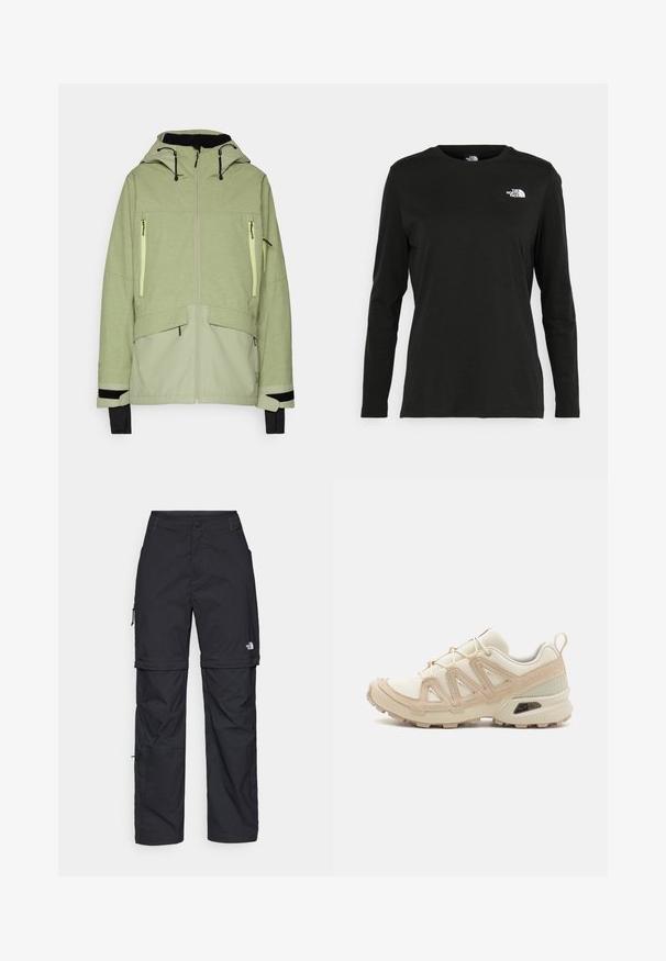 Φωτεινό πράσινο μπουφάν με υφή, διαθέτει κουκούλα, τσέπες με φερμουάρ και μαύρες λεπτομέρειες στα μανίκια και στο τελείωμα.; Μαύρο μακρυμάνικο μπλουζάκι από βαμβάκι με στρογγυλή λαιμόκοψη. Διαθέτει ένα μικρό λευκό λογότυπο στην αριστερή πλευρά του στήθους. Απλός σχεδιασμός και εφαρμογή.; Μαύρα νάιλον παντελόνια cargo με φερμουάρ που αφαιρούνται, ρυθμιζόμενους καρπούς, πολλαπλές τσέπες και λογότυπο στο δεξί πόδι. Απαλή, ελαφριά υφή.; Μπεζ και κρεμ αθλητικό παπούτσι με υφασμάτινη άνω επιφάνεια με υφή, υποστηρικτικά overlay και καουτσούκ σόλα με σχέδιο πέλματος για πρόσφυση.